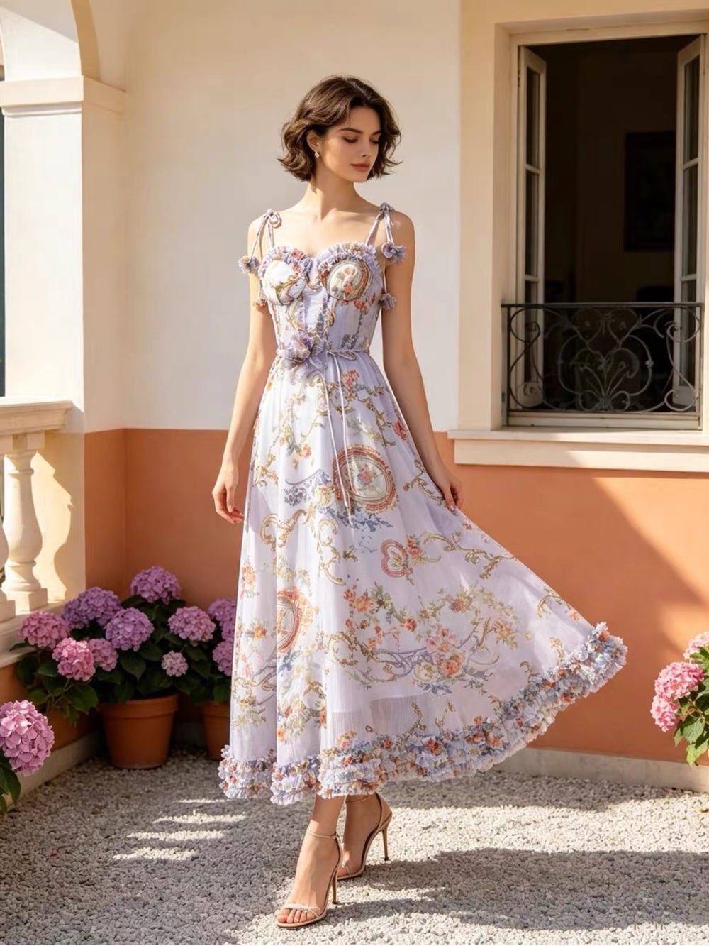 Floral Lavender Tiered Midi Dress with Tie Straps